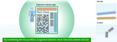 Grapeshot uses the context of the page and the context of the user's reading habits to decide in real-time, which ads and content best serve the user experience. Clip from website flash movie at http://www.grapeshot.co.uk