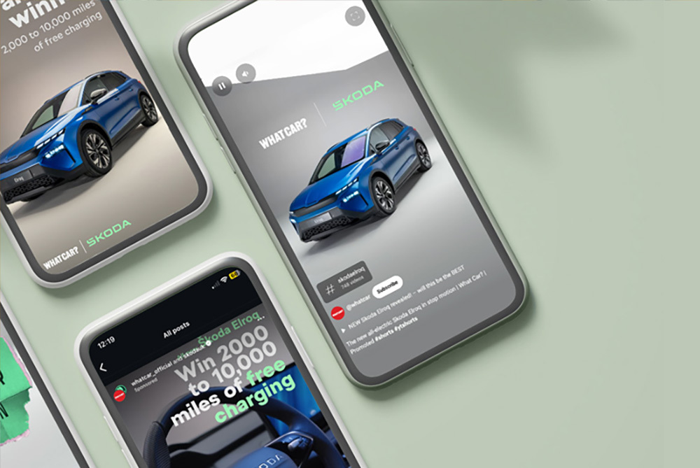 What Car? and Škoda campaign creative shown across multiple mobile screens
