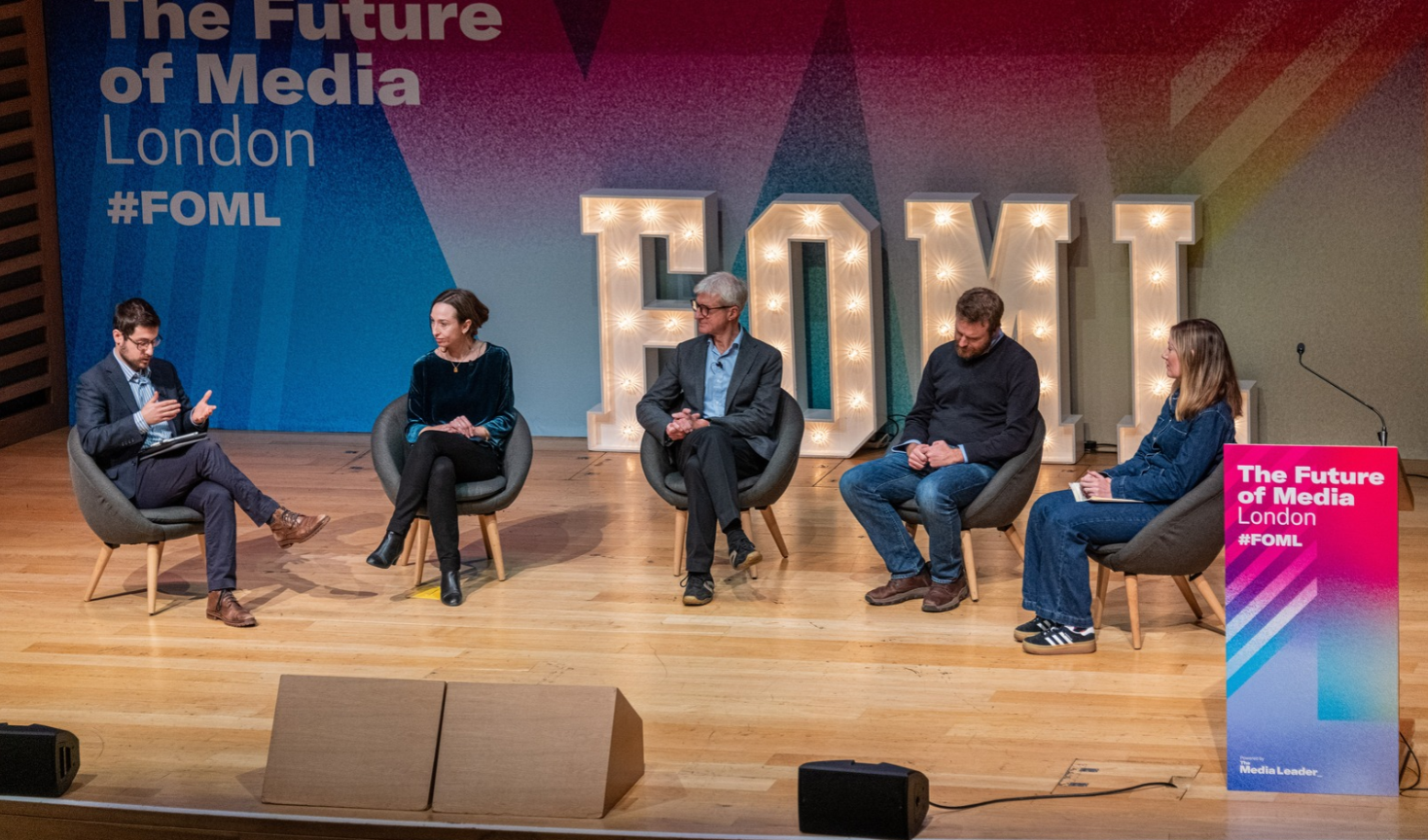 Five speakers on stage for a panel at Future of Media London 2025
